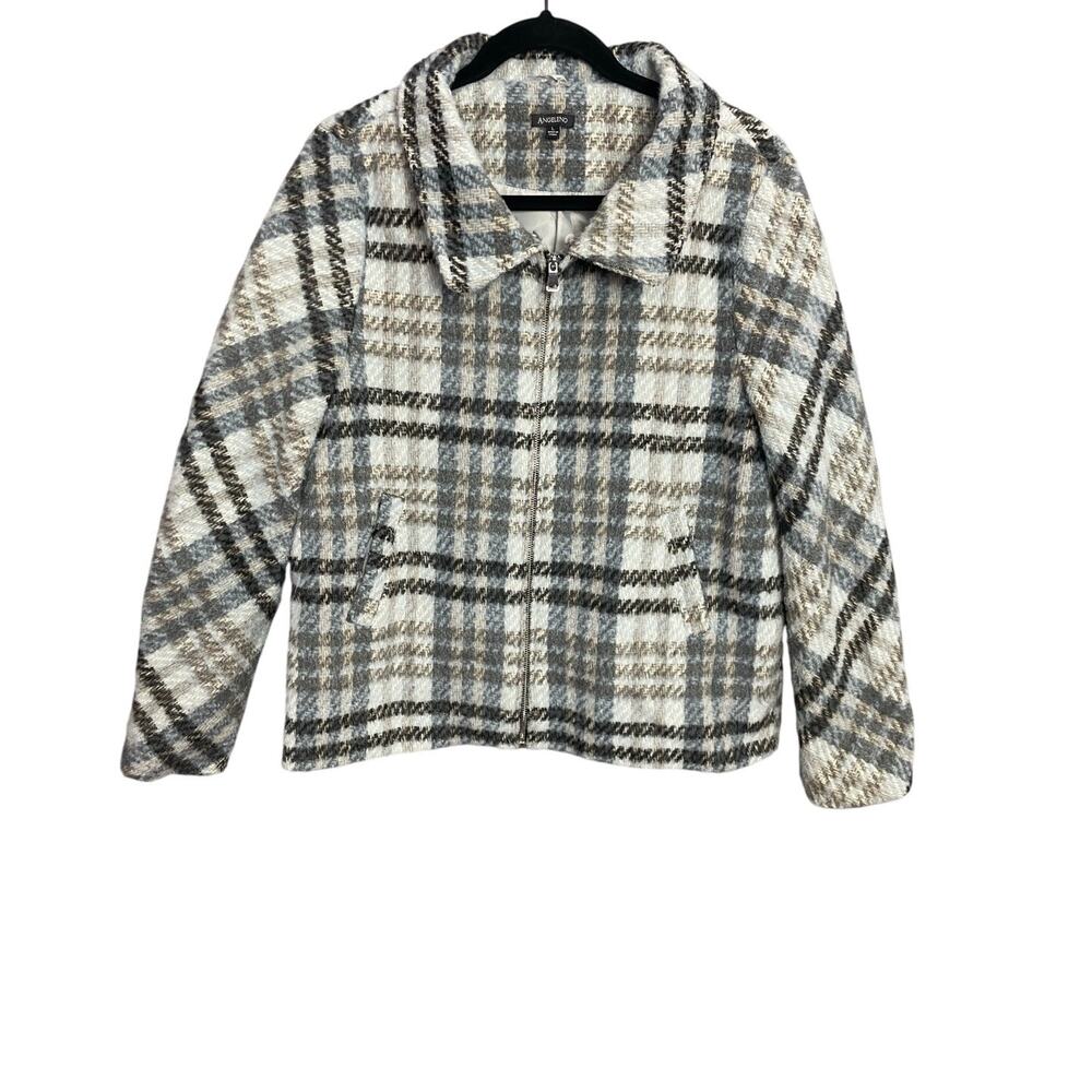 Angeleno Glen Check Plaid Wool Blend Zip Up Jacket Size Large Winter Coat